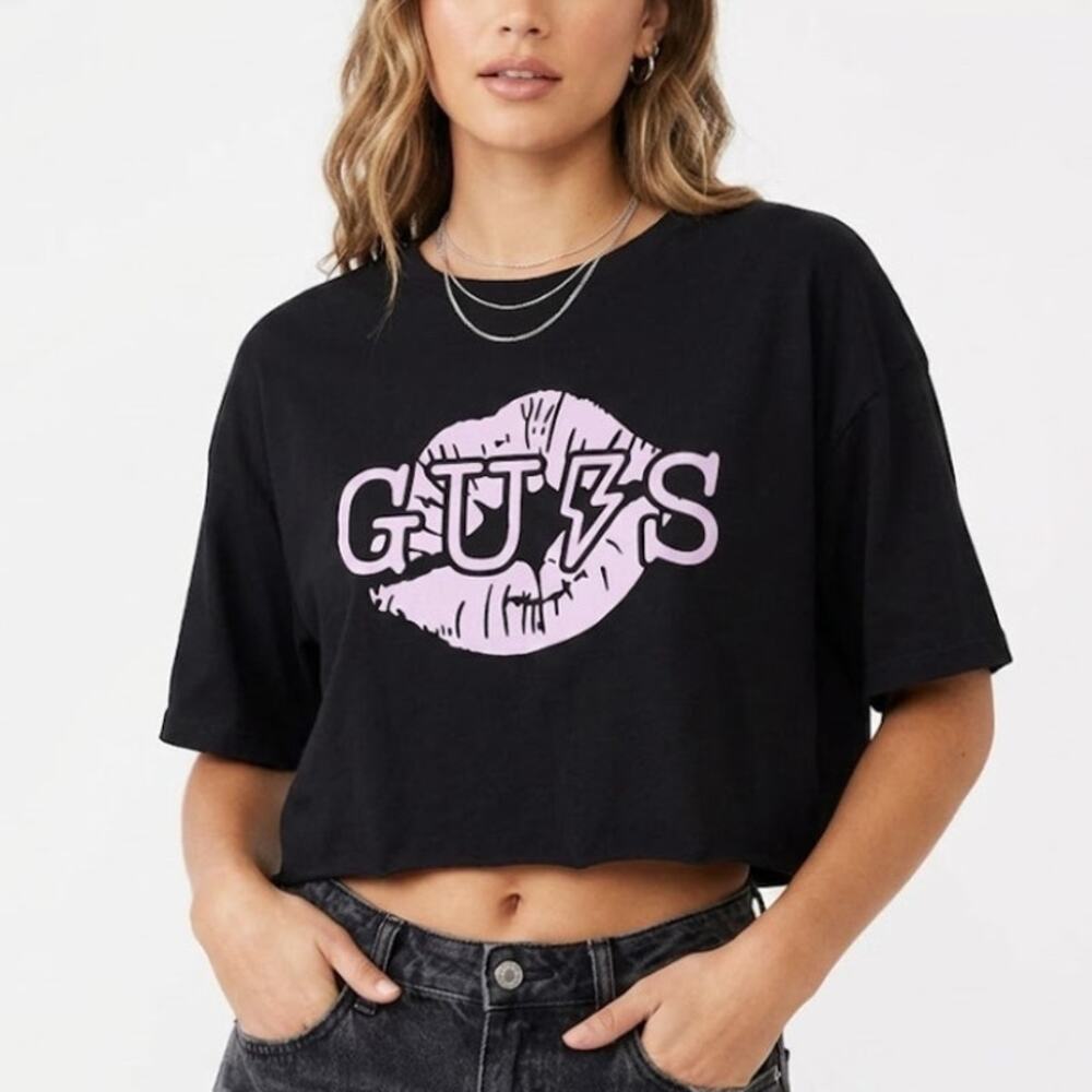 Olivia Rodrigo Guts World Tour Concert Cropped T-Shirt Crew Neck Black Womens S